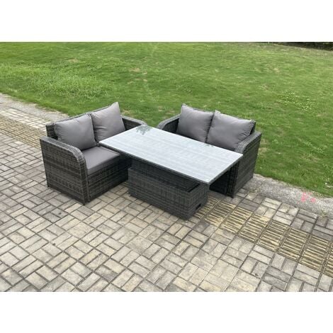 Fimous Outdoor Rattan Furniture Garden Dining Set Height Adjustable Rising lifting Table With  Love Sofa Dark Grey Mixed