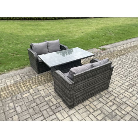 Fimous Outdoor Rattan Furniture Garden Dining Set Height Adjustable Rising lifting Table With  Love Sofa Dark Grey Mixed