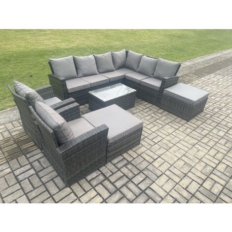 Fimous 10 Seater High Back Outdoor Garden Furniture Set Rattan Corner Sofa Set With Rectangular Coffee Table 2 Big Footstool 2 Armchairs Dark Grey Mixed (1/5)