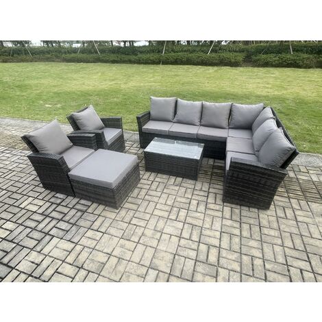 Fimous 9 Seater High Back Outdoor Garden Furniture Set Rattan Corner Sofa Set With Rectangular Coffee Table Big Footstool 2 Armchairs Dark Grey Mixed (1/5)