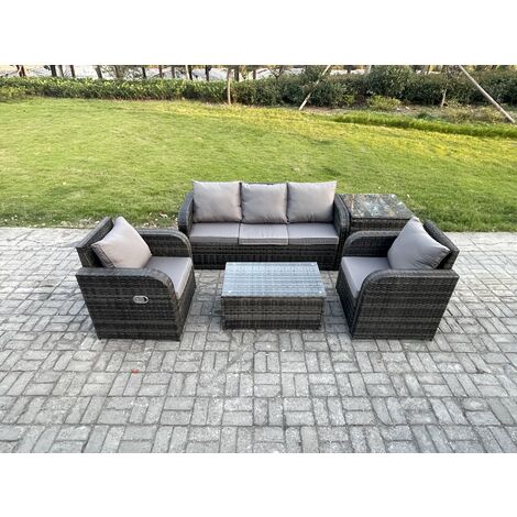 Fimous Outdoor Rattan Garden Furniture Set Patio Lounge Sofa Set with Reclining Chair Rectangular Coffee Table Side Table Dark Grey Mixed (1/5)