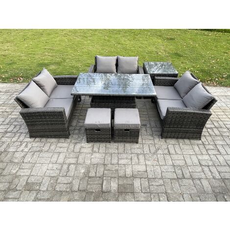 Fimous 7 pieces Outdoor Lounge Sofa Set Wicker PE Rattan Garden Furniture Set with Rising Lifting Table Double Seat Sofa Side Table 2 Small Footstools Dark Grey Mixed