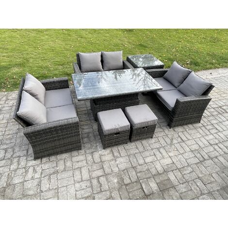 Fimous 7 pieces Outdoor Lounge Sofa Set Wicker PE Rattan Garden Furniture Set with Rising Lifting Table Double Seat Sofa Side Table 2 Small Footstools Dark Grey Mixed