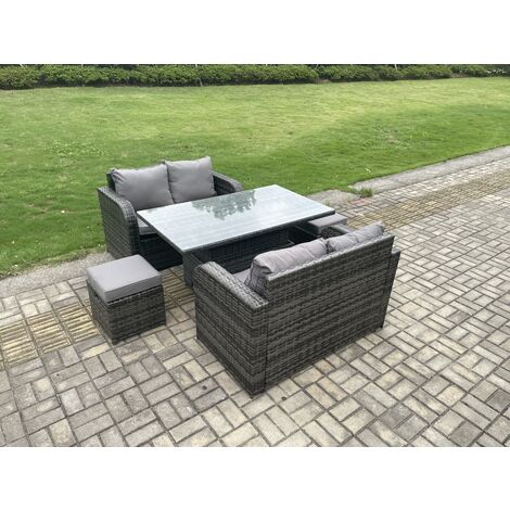 Fimous Outdoor Rattan Furniture Garden Dining Set Height Adjustable Rising lifting Table Love Sofa Set With 2 Small Footstools Dark Grey Mixed