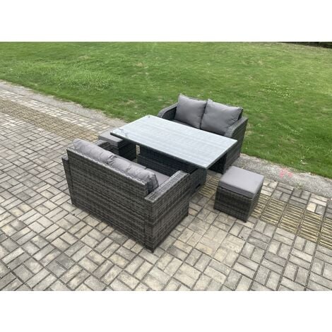 Fimous Outdoor Rattan Furniture Garden Dining Set Height Adjustable Rising lifting Table Love Sofa Set With 2 Small Footstools Dark Grey Mixed