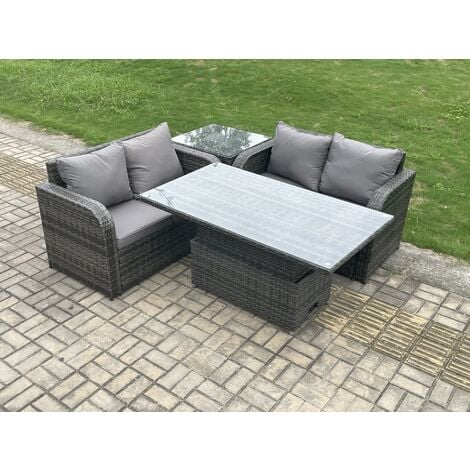 Fimous Outdoor Rattan Furniture Garden Dining Set Height Adjustable Rising lifting Table Love Sofa Set With  Side Table Dark Grey Mixed