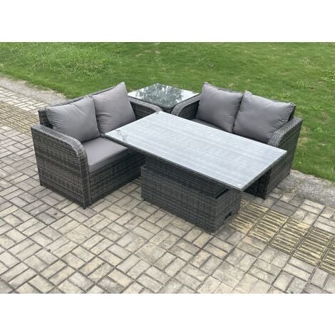 Fimous Outdoor Rattan Furniture Garden Dining Set Height Adjustable Rising lifting Table Love Sofa Set With  Side Table Dark Grey Mixed