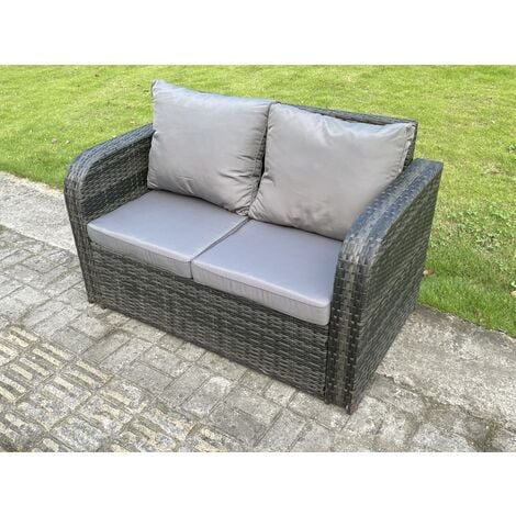 Fimous Outdoor Rattan Furniture Garden Dining Set Height Adjustable Rising lifting Table Love Sofa Set With  Side Table Dark Grey Mixed