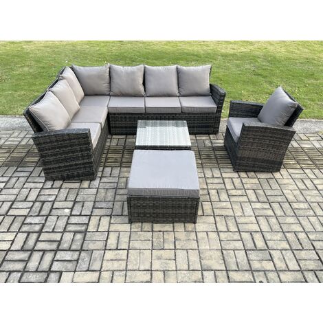 Fimous Rattan Garden Furniture Set Outdoor Lounge Corner Sofa Set With Square Coffee Table Big Footstool Armchair 8 Seater Dark Grey Mixed (1/5)