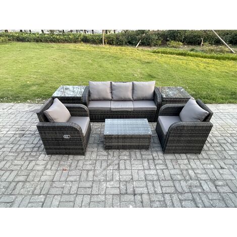 Fimous Outdoor Rattan Garden Furniture Set Patio Lounge Sofa Set with Reclining Chair Rectangular Coffee Table 2 Side Tables Dark Grey Mixed (1/5)