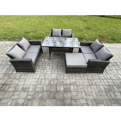 Fimous 7 Seater Rattan Wicker Garden Furniture Patio Conservatory Sofa Set Indoor Outdoor with Dining Table Double Seat Sofa Big Footstool (1/5)