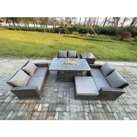 Fimous Outdoor Garden Dining Sets 7 Seater Rattan Patio Furniture Sofa Set with Gas Firepit Table Double Seat Sofa Big Footstool Side Table Dark Grey Mixed