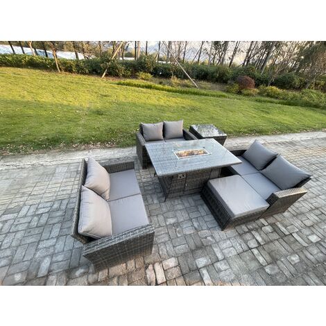 Fimous Outdoor Garden Dining Sets 7 Seater Rattan Patio Furniture Sofa Set with Gas Firepit Table Double Seat Sofa Big Footstool Side Table Dark Grey Mixed