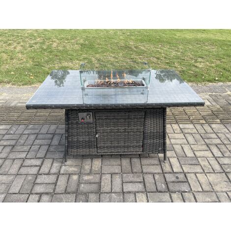 Fimous Outdoor Garden Dining Sets 7 Seater Rattan Patio Furniture Sofa Set with Gas Firepit Table Double Seat Sofa Big Footstool Side Table Dark Grey Mixed