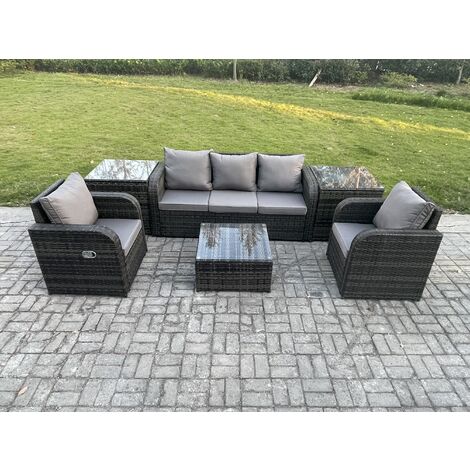 Fimous Garden Furniture Sets 5 Seater Wicker Rattan Furniture Patio Sofa Sets with Reclining Chair 3 Seater Sofa 2 Side Tables Dark Grey Mixed (1/5)