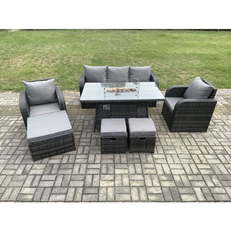 Fimous Wicker Rattan Garden Furniture Sofa Set Gas Fire Pit Dining Table Indoor Outdoor with Chair 3 Footstools