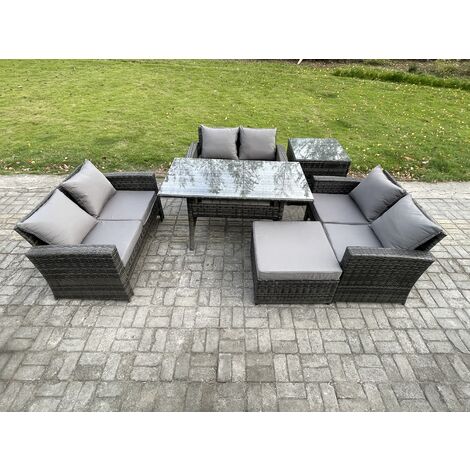Fimous 7 Seater Rattan Wicker Garden Furniture Patio Conservatory Sofa Set Indoor Outdoor with Dining Table Double Seat Sofa Big Footstool Side Table (1/5)