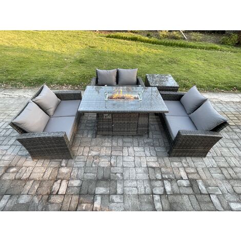 Fimous Outdoor Garden Dining Sets 6 Seater Rattan Patio Furniture Sofa Set with Gas Firepit Table Double Seat Sofa Side Table Dark Grey Mixed (1/5)