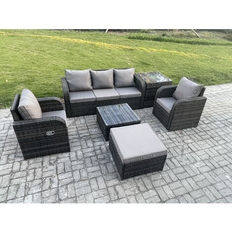Fimous Garden Furniture Sets 6 Seater Wicker Rattan Furniture Patio Sofa Sets with Reclining Chair 3 Seater Sofa Big Footstool Side Table Dark Grey Mixed (1/5)