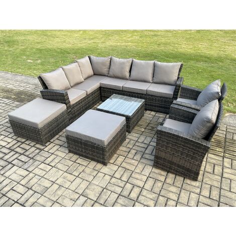 Fimous 10 Seat Rattan Garden Furniture Corner Sofa Set Outdoor Patio Sofa Table Set with 2 Big Footstool Dark Grey Mixed (1/5)