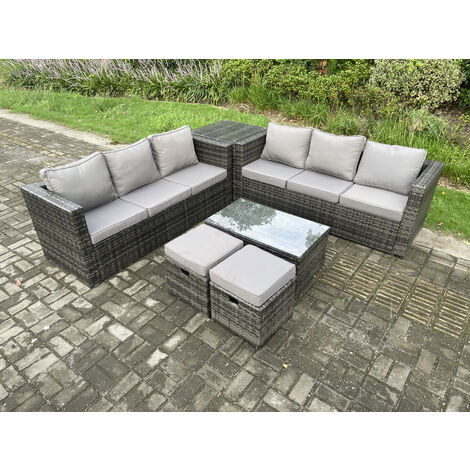Fimous Rattan Garden Furniture Set Outdoor Patio Sofa Set with Oblong Coffee Table Side Table 2 Small Footstools 8 Seater Dark Grey Mixed