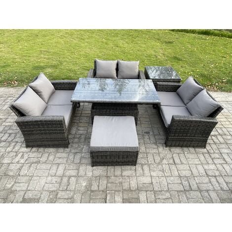 Fimous 7 Seater Rattan Wicker Garden Furniture Patio Conservatory Sofa Set with Height Adjustable Rising Lifting Table Double Seat Sofa Big Footstool Side Table