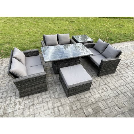 Fimous 7 Seater Rattan Wicker Garden Furniture Patio Conservatory Sofa Set with Height Adjustable Rising Lifting Table Double Seat Sofa Big Footstool Side Table