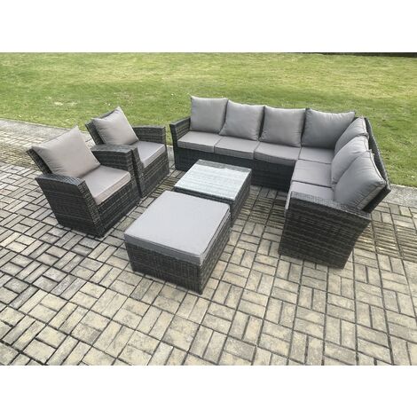 Fimous 9 Seat Rattan Garden Furniture Corner Sofa Set Outdoor Patio Sofa Table Set with Big Footstool 2 Armchairs Dark Grey Mixed (1/5)