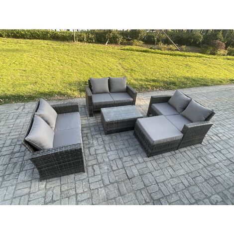 Fimous Dark Grey 7 Seater Outdoor Rattan Garden Furniture Set Patio Love Sofa Rectangular Coffee Table Set with Big Footstool