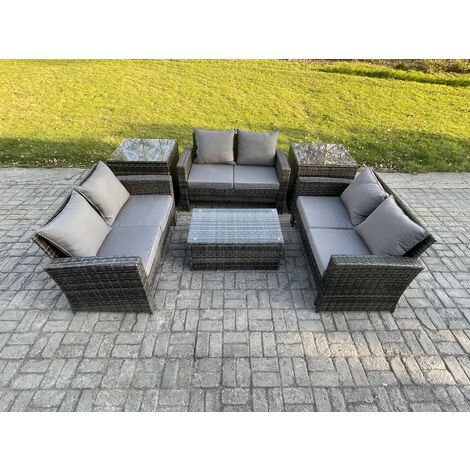 Fimous Dark Grey 6 Seater Outdoor Rattan Garden Furniture Set Patio Love Sofa Rectangular Coffee Table Set with 2 Side Tables