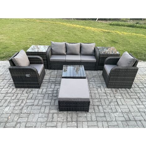 Fimous Garden Furniture Sets 6 Pieces Wicker Rattan Furniture Patio Sofa Sets with Reclining Chair 3 Seater Sofa 2 Side Tables Big Footstool Dark Grey Mixed (1/5)