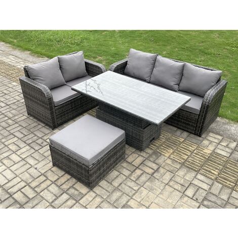 Fimous Outdoor Rattan Garden Furniture Sets Height Adjustable Rising lifting Dining Table Lounge Sofa Set With Big Footstool Dark Grey Mixed (1/5)
