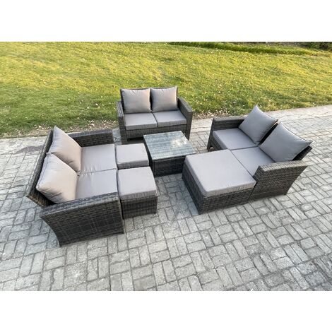 Fimous Outdoor Lounge Sofa Set Wicker PE Rattan Garden Furniture Set with Square Coffee Table Double Seat Sofa 3 Footstools Dark Grey Mixed