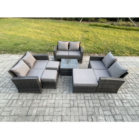 Fimous Outdoor Lounge Sofa Set Wicker PE Rattan Garden Furniture Set with Square Coffee Table Double Seat Sofa 3 Footstools Dark Grey Mixed