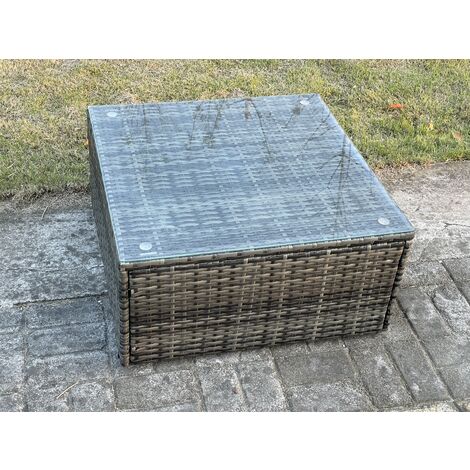 Fimous Outdoor Lounge Sofa Set Wicker PE Rattan Garden Furniture Set with Square Coffee Table Double Seat Sofa 3 Footstools Dark Grey Mixed