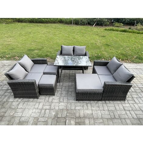 Fimous Outdoor Lounge Sofa Set Wicker PE Rattan Garden Furniture Set with Rectangular Dining Table 2 Seat Sofa 3 Footstools Dark Grey Mixed (1/5)