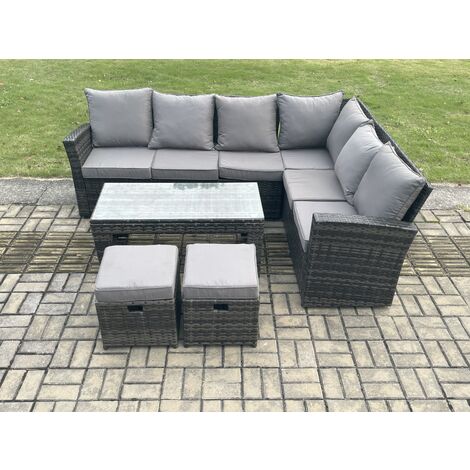 Fimous 8 Seat Rattan Garden Furniture Corner Sofa Set Outdoor Patio Sofa Table Set with 2 Small Footstools Dark Grey Mixed (1/5)