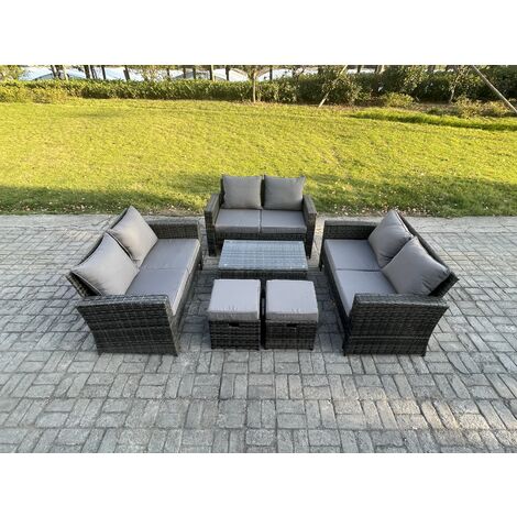 Fimous 6pc Rattan Sofa Garden Furniture Outdoor Patio Set with 2 Small Footstools Double Seat Sofa Dark Grey Mixed (1/5)