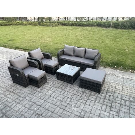 Fimous Garden Furniture Sets Wicker Rattan Furniture Patio Sofa Sets with Reclining Chair 3 Seater Sofa 3 Footstools Dark Grey Mixed (1/5)