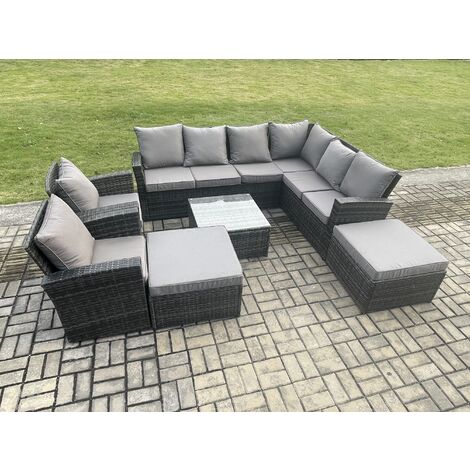 Fimous 10 Seat Rattan Garden Furniture Corner Sofa Set Outdoor Patio Sofa Table Set with 2 Big Footstool 2 Armchairs Dark Grey Mixed