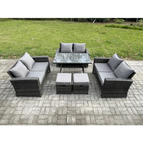Fimous Outdoor Lounge Sofa Set Wicker PE Rattan Garden Furniture Set with Rectangular Dining Table 2 Seat Sofa 2 Small Footstools Dark Grey Mixed (1/5)