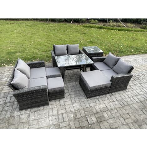 Fimous Outdoor Lounge Sofa Set Wicker PE Rattan Garden Furniture Set with Rectangular Dining Table 2 Seat Sofa 3 Footstools Side Table Dark Grey Mixed (1/5)