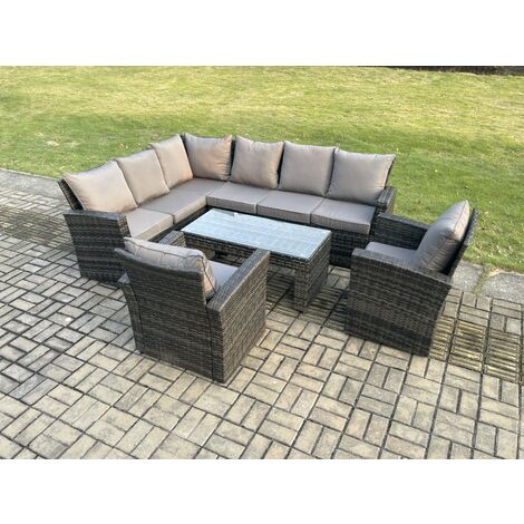 Fimous 8 Seat Rattan Garden Furniture Corner Sofa Set Outdoor Patio Chair Sofa Table Set Dark Grey Mixed (1/5)