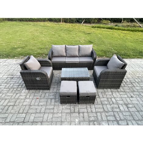 Fimous Outdoor Rattan Garden Furniture Set Patio Lounge Sofa Set with Reclining Chair Rectangular Coffee Table 2 Small Footstool Dark Grey Mixed (1/5)