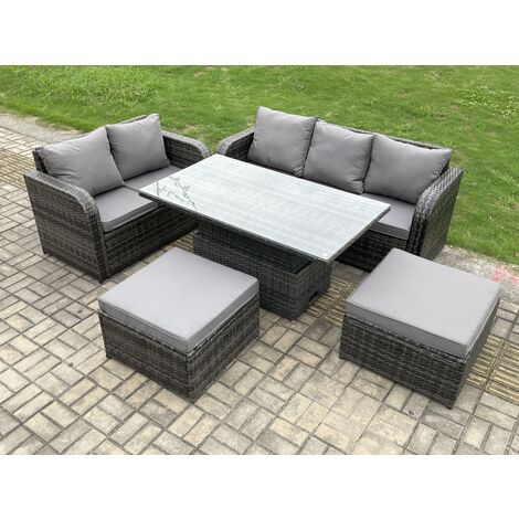 Fimous Outdoor Rattan Garden Furniture Sets Height Adjustable Rising lifting Dining Table Lounge Sofa Set With 2 Big Footstool Dark Grey Mixed (1/5)