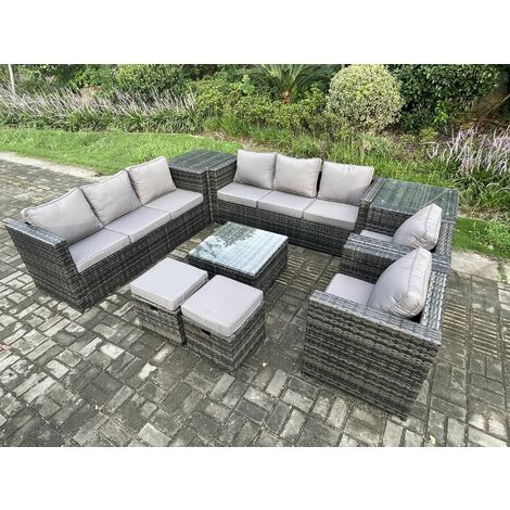 Fimous Outdoor Rattan Garden Furniture Set 10 Seater Patio Lounge Sofa Set with 2 Armchairs Square Coffee Table 2 Side Tables 2 Small Footstool Dark Grey Mixed
