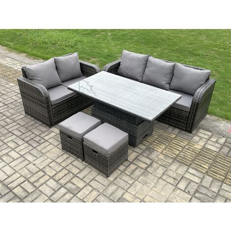 Fimous Outdoor Rattan Garden Furniture Sets Height Adjustable Rising lifting Dining Table Lounge Sofa Set With Love Sofa 2 Small Footstools Dark Grey Mixed (1/5)