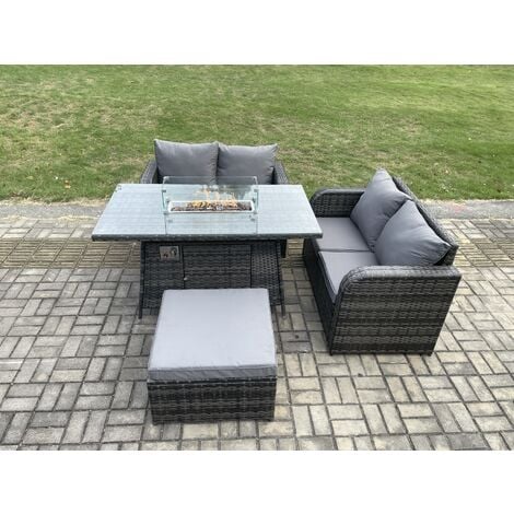 Fimous Rattan Garden Furniture Set with Gas Fire Pit Table Footstool 4 ...