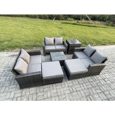 Fimous Outdoor Lounge Sofa Set Wicker PE Rattan Garden Furniture Set with Square Coffee Table Double Seat Sofa 2 Big Footstool Side Table Dark Grey Mixed (1/5)