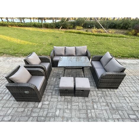 Fimous Outdoor Rattan Garden Furniture Set 9 Seater Patio Lounge Sofa Set with Dining Table 2 Small Footstools Dark Grey Mixed (1/5)